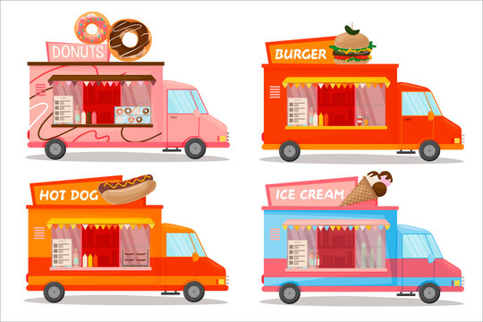 Set and different types of street food van. Car with ice cream, hot dogs, burgers and donuts. Vector illustration isolated on white background. For advertisements, leaflets, flyers, stickers and web.