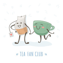 Cute illustration of a cup and tea bag relationship. Tea and a cup walk and hold hands