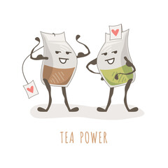 Cute drawing of bodybuilders tea bags. Illustration for tea lovers. The power of black and green tea