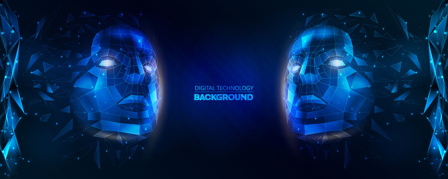 Abstract Digital Modern Futuristic Twin Crystal Facial Human Floating from Triangle Polygons as the Ground on Glowing Dark Blue Background Illustration Vector Template Design Concept