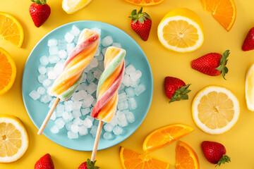Spiral colorful popsicle with fruit on yellow background