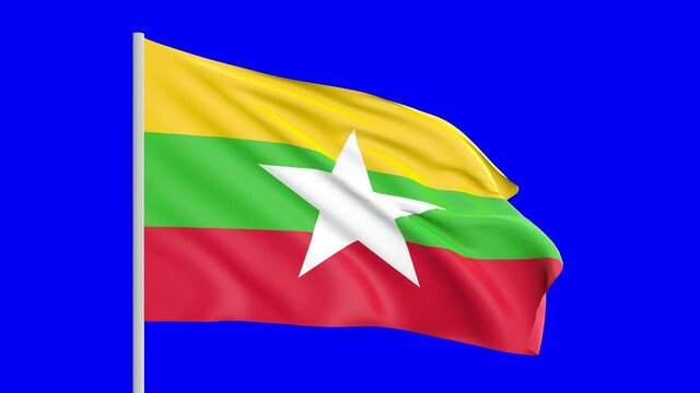 National Flag Of Myanmar (Burma) Waving In The Wind on Blue Screen With Alpha Matte