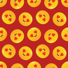 Cute cartoon style yellow smiling ball character with hearts, love emoji vector seamless pattern background.