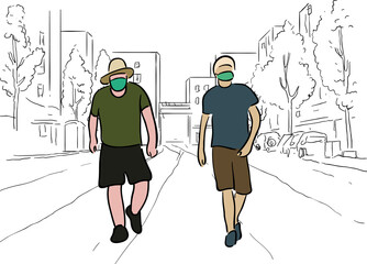 Men walking in street with face mask illustration