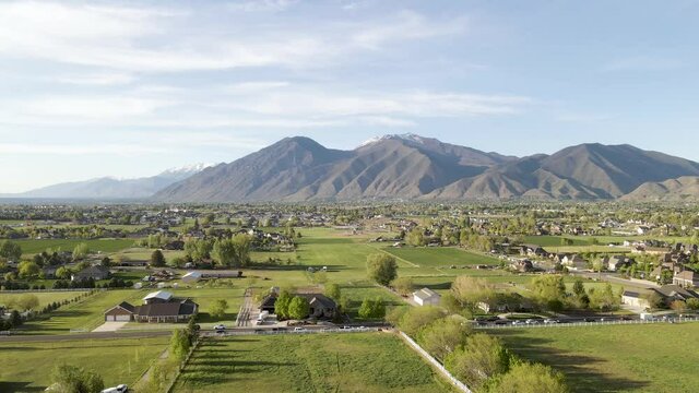 Aerial View Over Mapleton, Utah - Wasatch Mountains In Background
