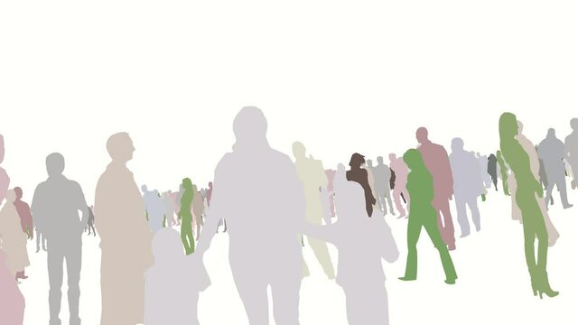 Color Silhouettes Crowd Of People Moves Camera On White Background Animation - Graphics