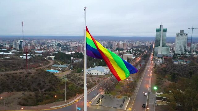 Huge flag of LGBT diversity flies high above the City. A drone captures this wonderful image.
