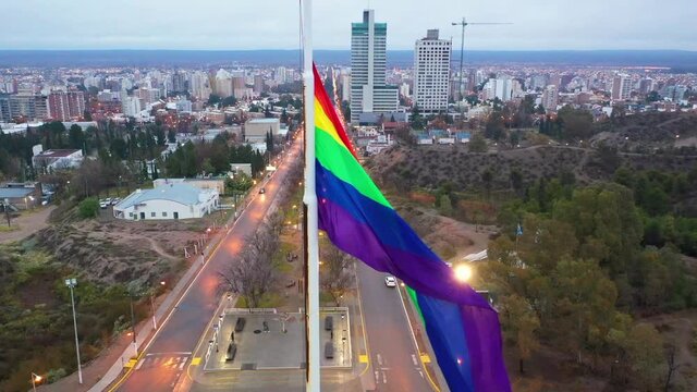 Huge flag of LGBT diversity flies high above the City. A drone captures this wonderful image.