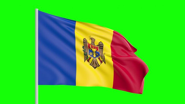 National Flag Of Moldova Waving In The Wind on Green Screen With Alpha Matte