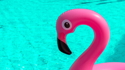 Tropical background. Pink inflatable flamingo in pool water for summer beach background. Minimal summer concept.