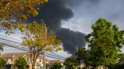 Scenic view of the park in village and huge smoke clouds after Burning building 