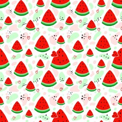 Seamless pattern and watermelon slices on white background with colored spots . The illustration is hand-drawn with curved lines. Design for clothing, fabric, wrapping paper and other items.