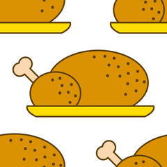 Seamless pattern with flat roast chicken on white.
