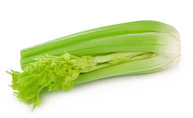 Fresh celery isolated on white background. Stalk of Celery with leaves. Top view