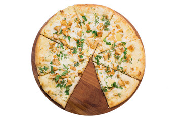 Tasty Hawaii pizza on wooden plank isolated on white background