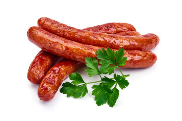 Fried thin sausages, isolated on white background. High resolution image.