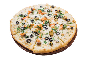Pizza with seafood on wooden plate isolated on white background