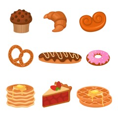 Cartoon cakes. Wheat products set. Sweet pretzel and croissant, donut and cupcake, waffles and piece of pie. Dessert delicious food, confectionery and bakery menu, vector isolated collection