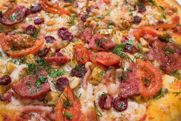 Shot of meat pizza closeup. Tasty italian food