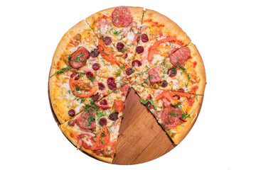 Meat pizza on wooden plate isolated on white background