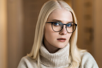 Young stylish woman wearing glasses. Blond business woman looking at the camera