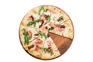 Pizza Cosa Nostra on wooden plate isolated on white background
