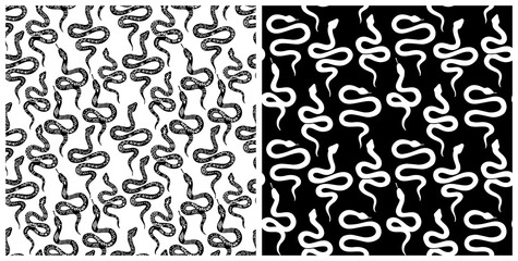 Snake seamless pattern. Vector serpent background silhouettes. Black and white wild animal print. Isolated hand drawn snakes repeat pattern.