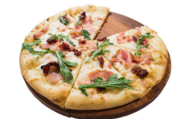 Pizza Cosa Nostra on wooden plate isolated on white background