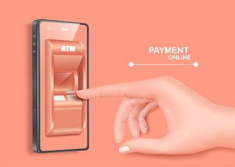 Hand is pressing the button on the ATM. To pay and withdraw money for shopping online and payment on line concept and all object on pastel pink background,vector 3d isolated for financial advertising - obrazy, fototapety, plakaty
