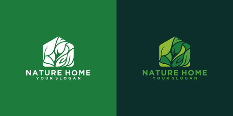 Green home nature logo design, house shaped leaf concept