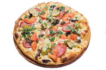 Pizza with salami, mushrooms, pickled cucumbers and tomatoes on a wooden plate isolated on white background
