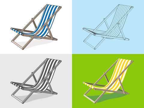 Vector illustration of a deck chair made in four different options: cartoon coloful image with stroke, simple outline drawing, grayscale and color with no outline. Outdoor furniture, striped pattern.