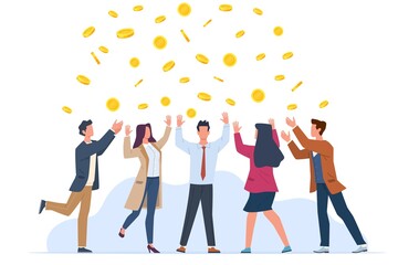 Fototapeta premium Money rain. Happy people in business suits rejoice, golden coins falling, successful win in lottery, jackpot and income, profit and investment concept, vector cartoon isolated illustration