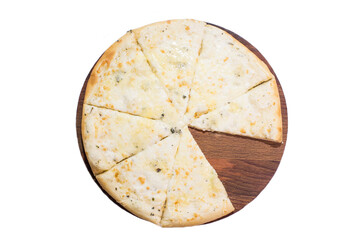 Four cheese pizza on wooden plate isolated on white background