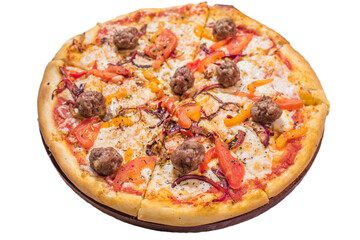 Tasty pizza meat balls on wooden plate isolated on white background
