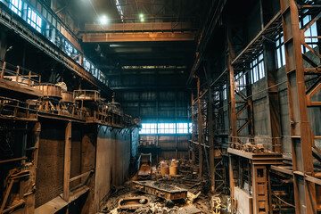Large industrial warehouse or hangar of foundry with blast furnace, metal waste.