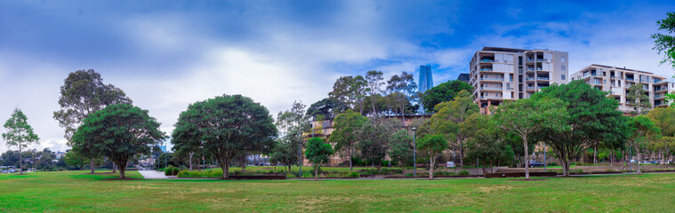 Fototapeta na wymiar Panorama view of Pyrmont Park apartments in background Sydney NSW Australia 