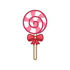 Obraz premium Pink striped lollipop with red ribbon bow cute cartoon illustration. Simple flat vector clip art element.