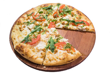 Toscana pizza on wooden plate isolated on white background