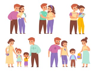 Family development stages. Happy couple life, relationship between man and woman periods, pregnant wife, motherhood and fatherhood, cute parents with children. Vector cartoon isolated set