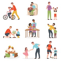 Father day with kids. Dad with children pastime collection, joint parent and child activities, girls and boys play with adult, family life. Daughter and son with daddy vector isolated set