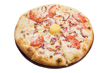 Pizza carbonara on wooden plate isolated on white background