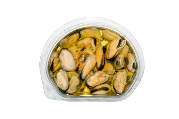 Mussels peeled in oil top view.Mussels in oil in a container on a white background.