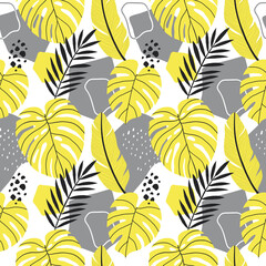 Vector abstract seamless pattern with yellow tropical palm leaves monstera and banana and grey organic shapes. Summer illustration for swimwear, shorts and other fabrics in modern simple style. © NatNat