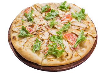 Caesar pizza on wooden plate isolated on white background