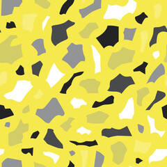 Terrazzo-Vektor nahtloses Muster mit grauen abstrakten Formen auf gelbem Hintergrund. Moderner abstrakter Stil. Handgefertigte Illustration in den Farben des Jahres. Perfekt für Stoffe und Geschenkpapier.