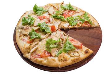 Caesar pizza on wooden plate isolated on white background