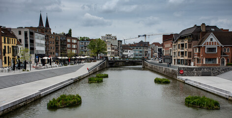 View of the Leie with his beautiful terraces and floating gardens in Kortrijk (Courtrai), Belgium