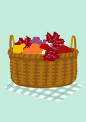 Autumn leaves and fruit basket on the blue striped towel. Autumn fall illustration mood.