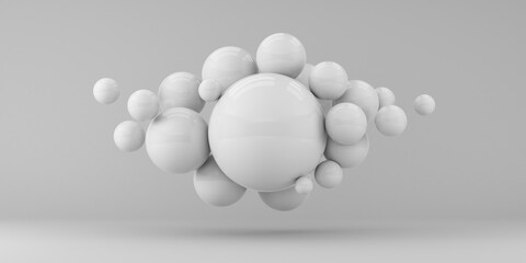 Horizontal banner. Flying spheres on a white background. 3d rendering.